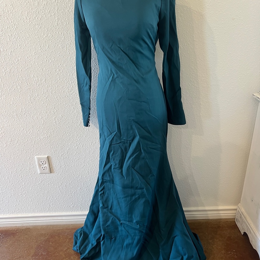 Elegant Long Sleeve Peacock Teal Gown